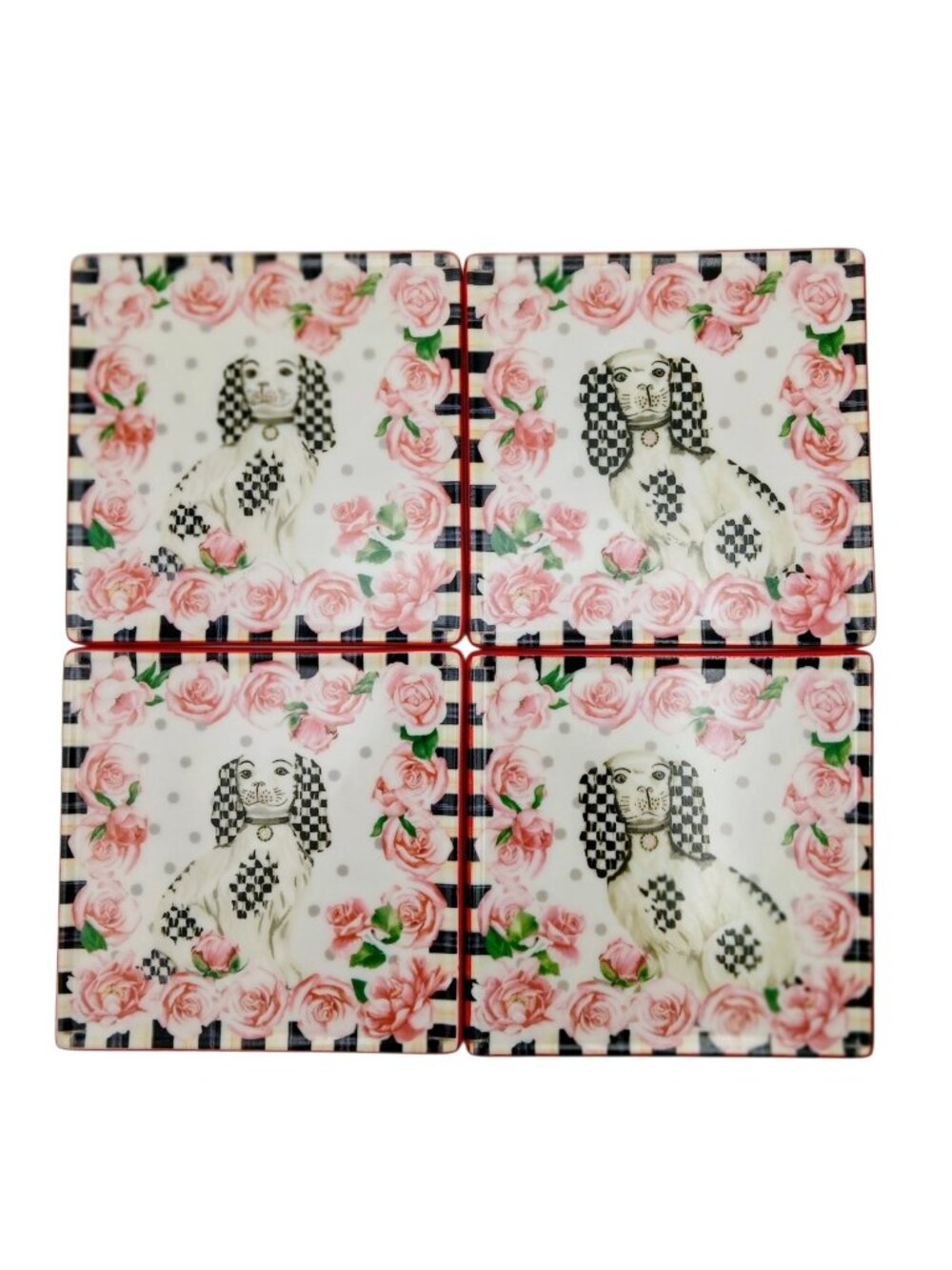 MacKenzie-Childs Really Rosy Ceramic Coaster Set 4 Staffordshire Dog & Roses